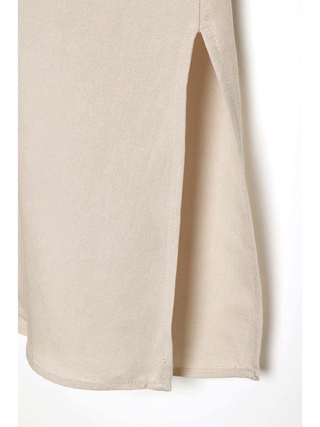 Bej-Yırtmaçlı Keten Gömlek Tunik-4