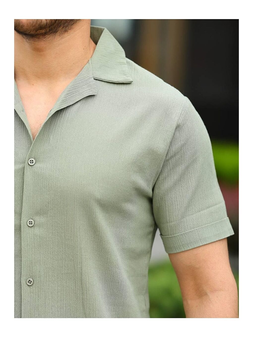 Haki Erkek Keten Kumaş Kısa Kollu Şal Yaka Gömlek-1