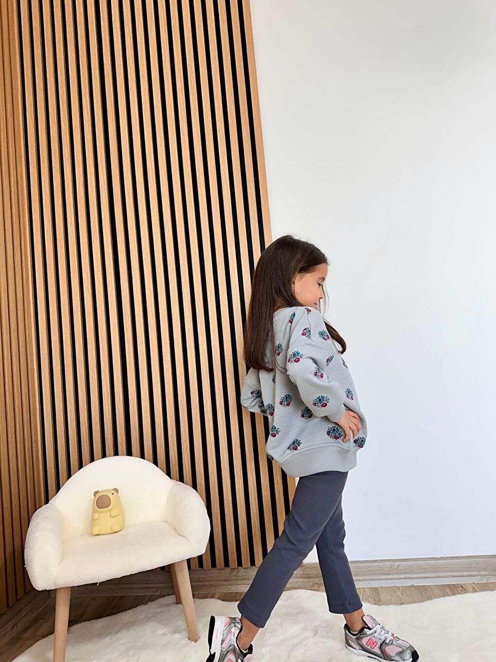 Karışık Kız Çocuk Pamuklu Gri Çiçek Desenli Sweatshirt & Tayt Takım-6