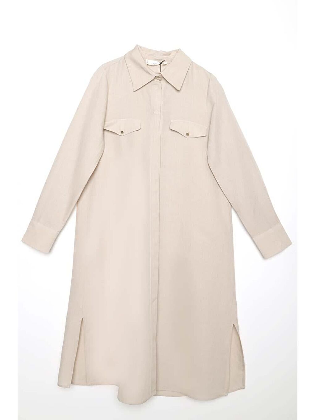 Bej-Yırtmaçlı Keten Gömlek Tunik-5