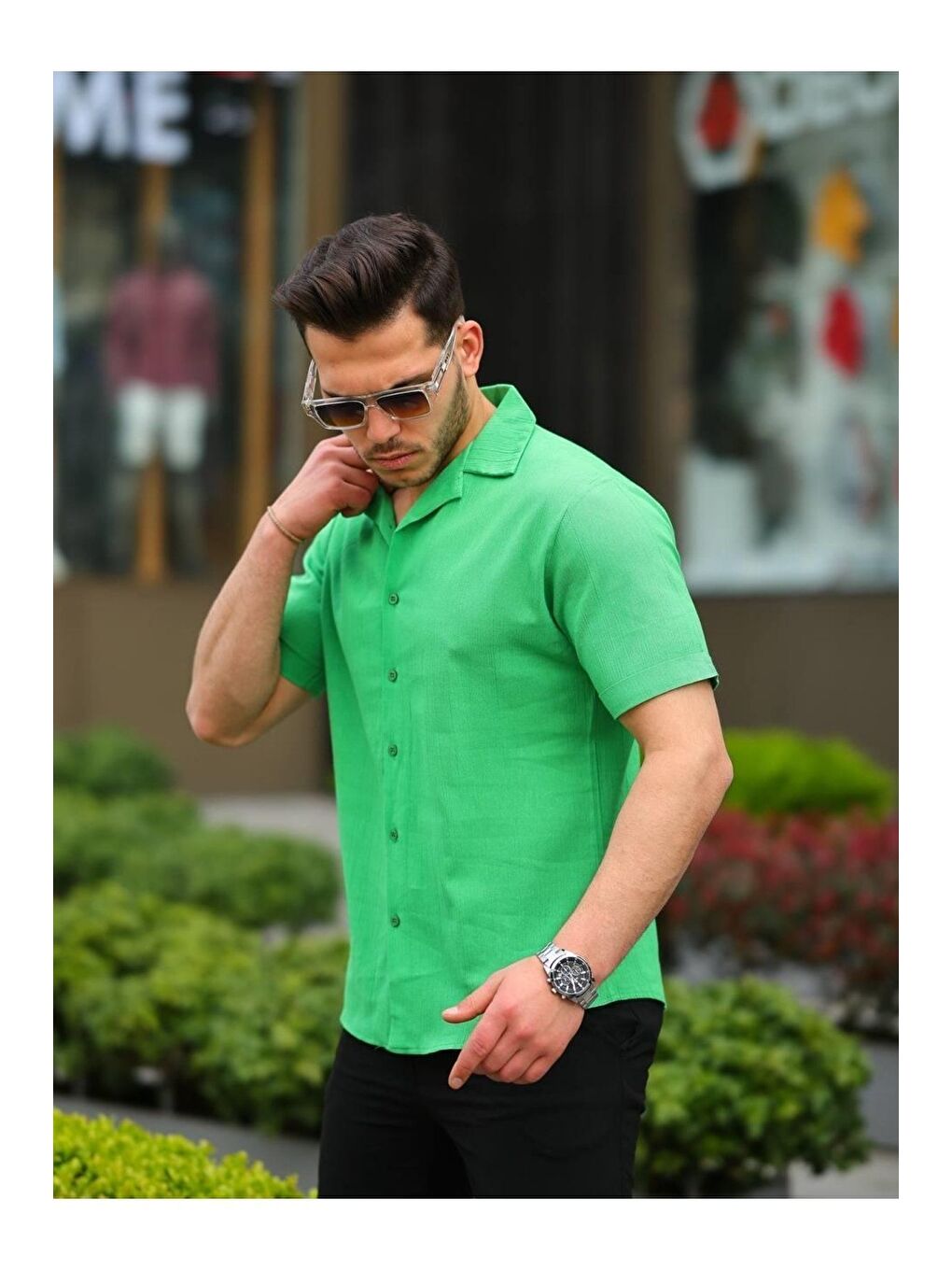 Yeşil Erkek Keten Kumaş Kısa Kollu Şal Yaka Gömlek-2