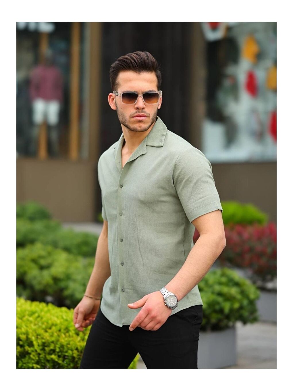 Haki Erkek Keten Kumaş Kısa Kollu Şal Yaka Gömlek-2