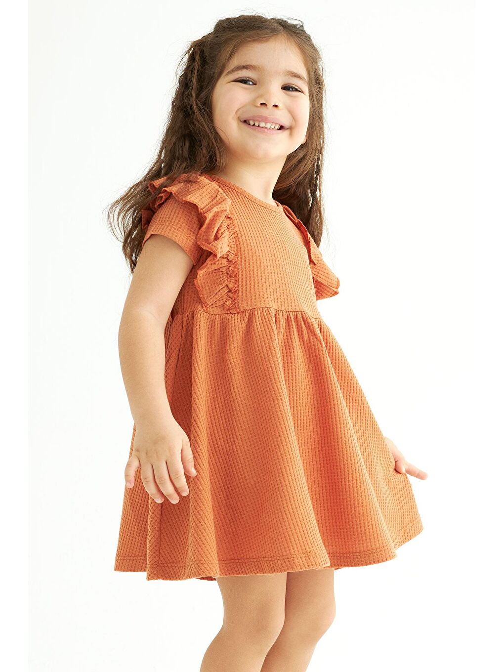 Kahverengi Bisiklet Yaka Fırfırlı Beli Büzgülü Kiremit Renk Kız Çocuk Elbise-2