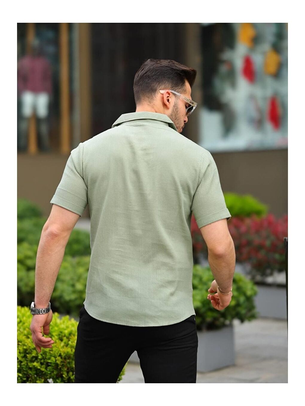 Haki Erkek Keten Kumaş Kısa Kollu Şal Yaka Gömlek-3