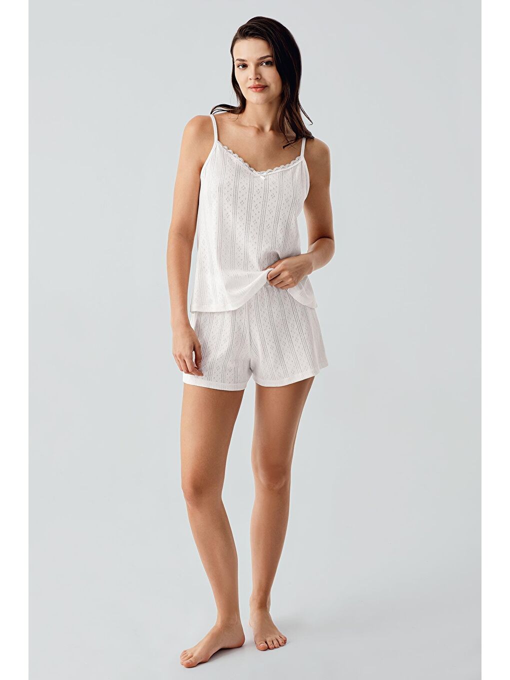 Ekru Ajurlu Askılı Esnek Pamuklu Şort Pijama Takım 17208