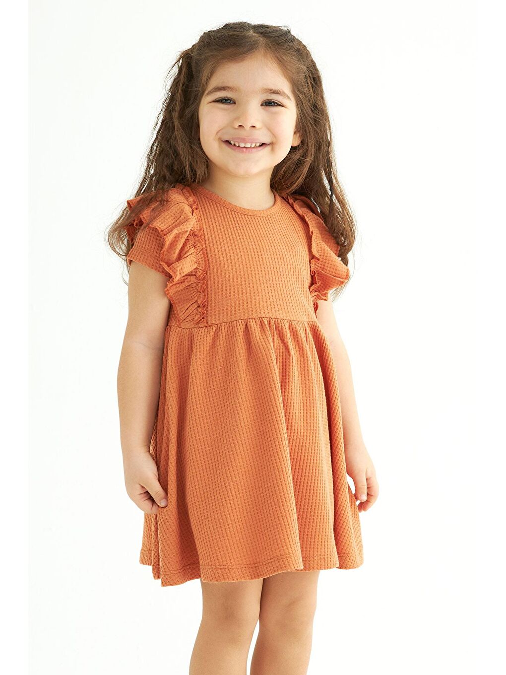Kahverengi Bisiklet Yaka Fırfırlı Beli Büzgülü Kiremit Renk Kız Çocuk Elbise-3
