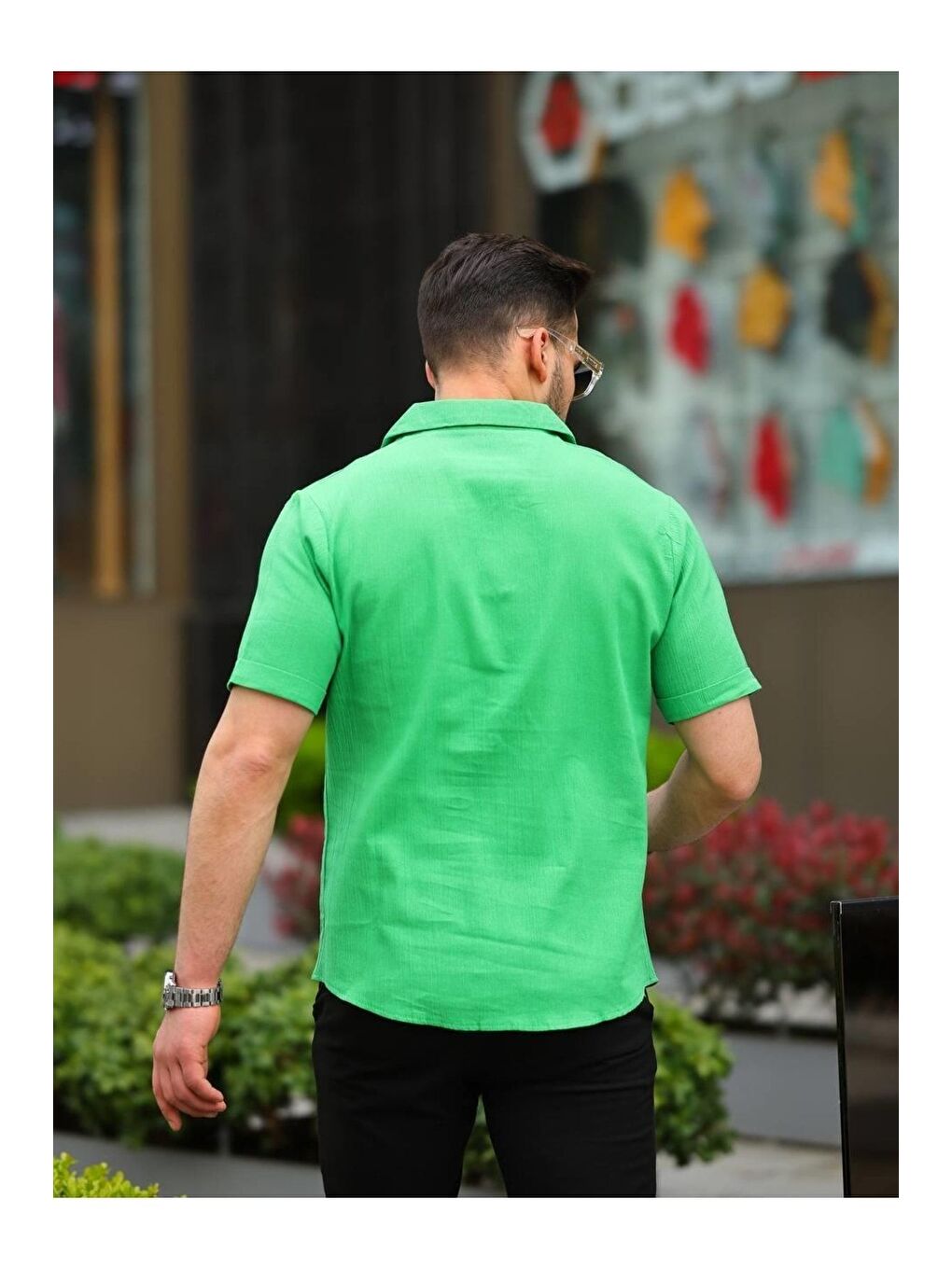 Yeşil Erkek Keten Kumaş Kısa Kollu Şal Yaka Gömlek-3