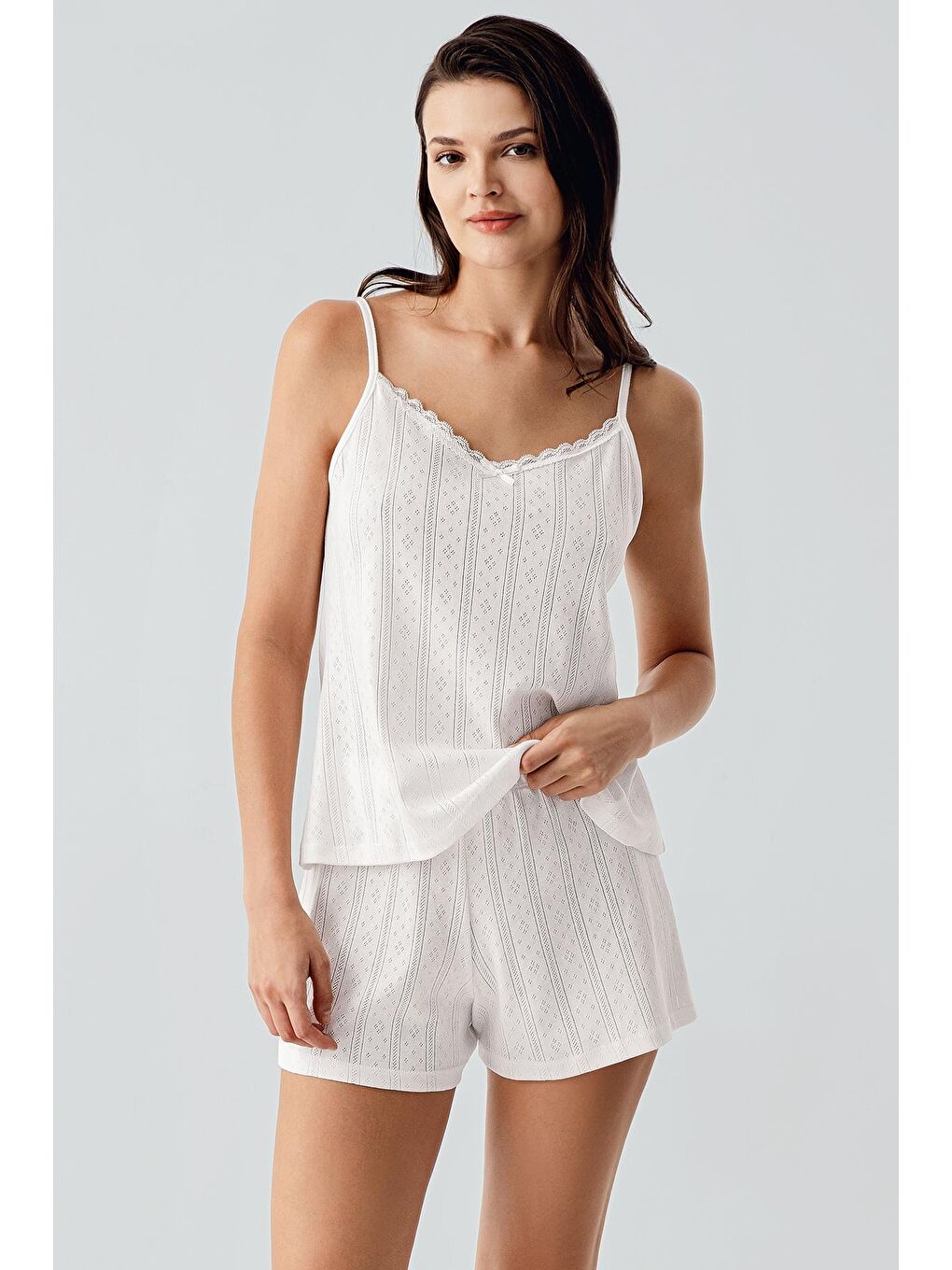 Ekru Ajurlu Askılı Esnek Pamuklu Şort Pijama Takım 17208-1