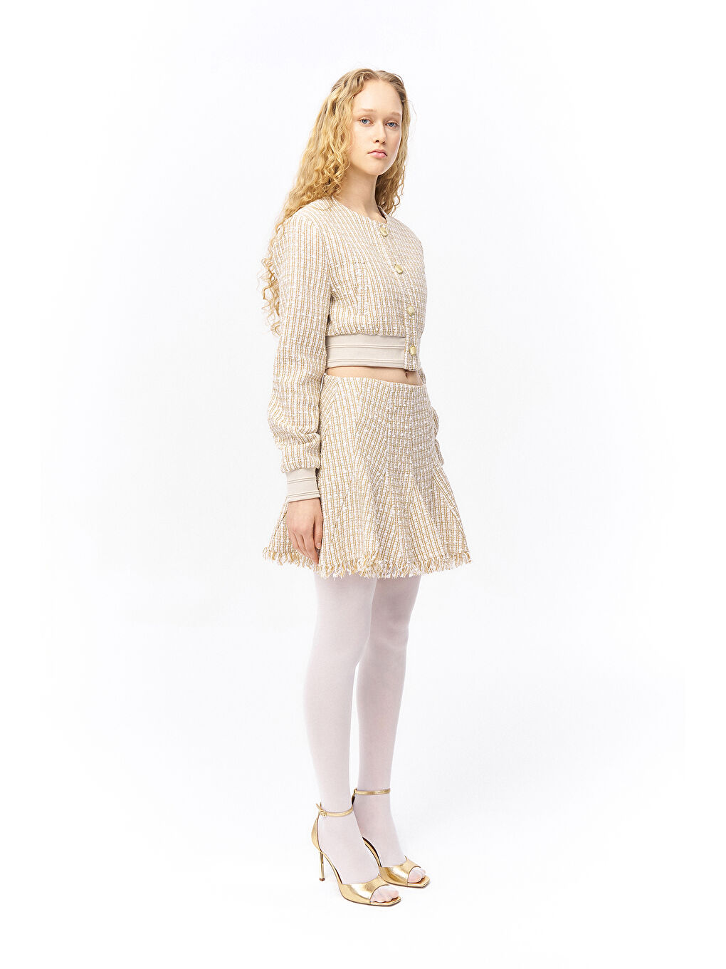 Pile Detaylı Kırçıl Mini Etek Bej-4