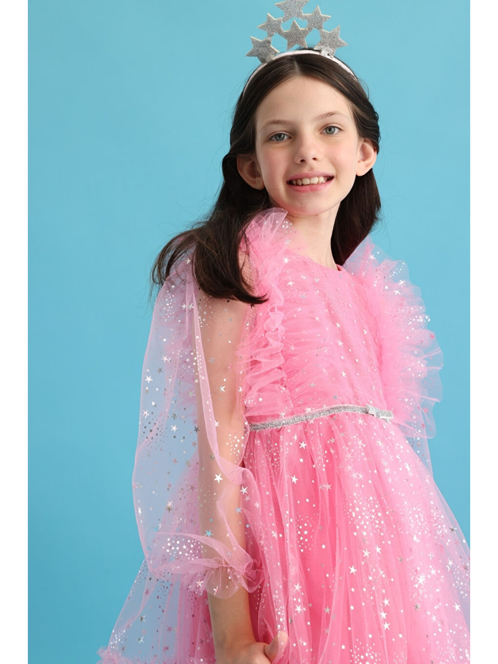 Pembe Omzu Fırfır Detaylı Yıldızlı Kız Çocuk Elbise - Stella-2