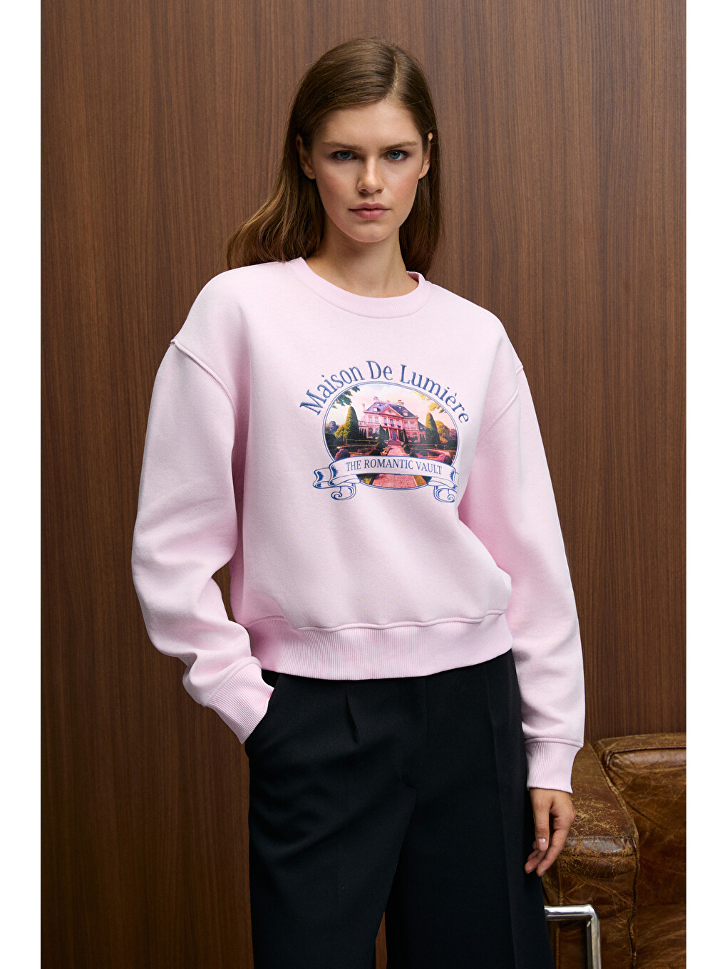 Talmera Kadın Önü Baskılı Yuvarlak Yaka Pembe Sweatshirt