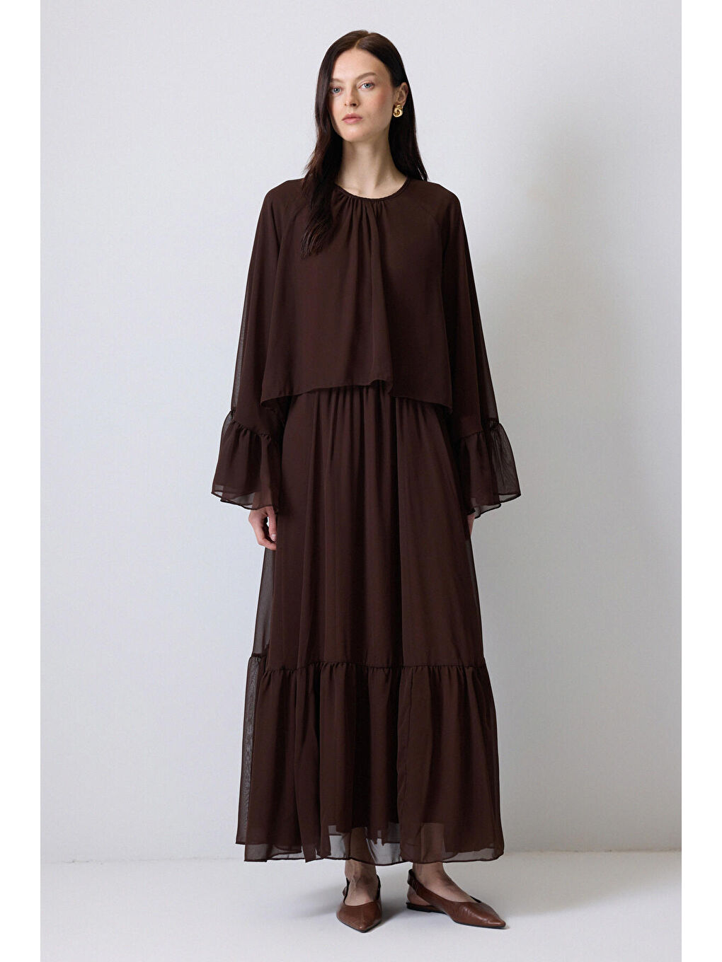Kahverengi Volanlı Şifon Elbise-4