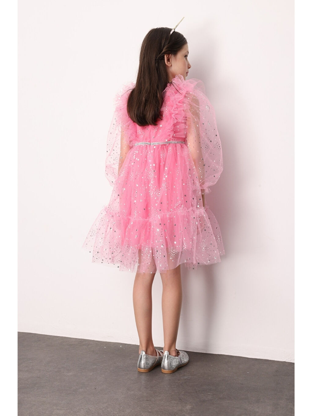 Pembe Omzu Fırfır Detaylı Yıldızlı Kız Çocuk Elbise - Stella-3