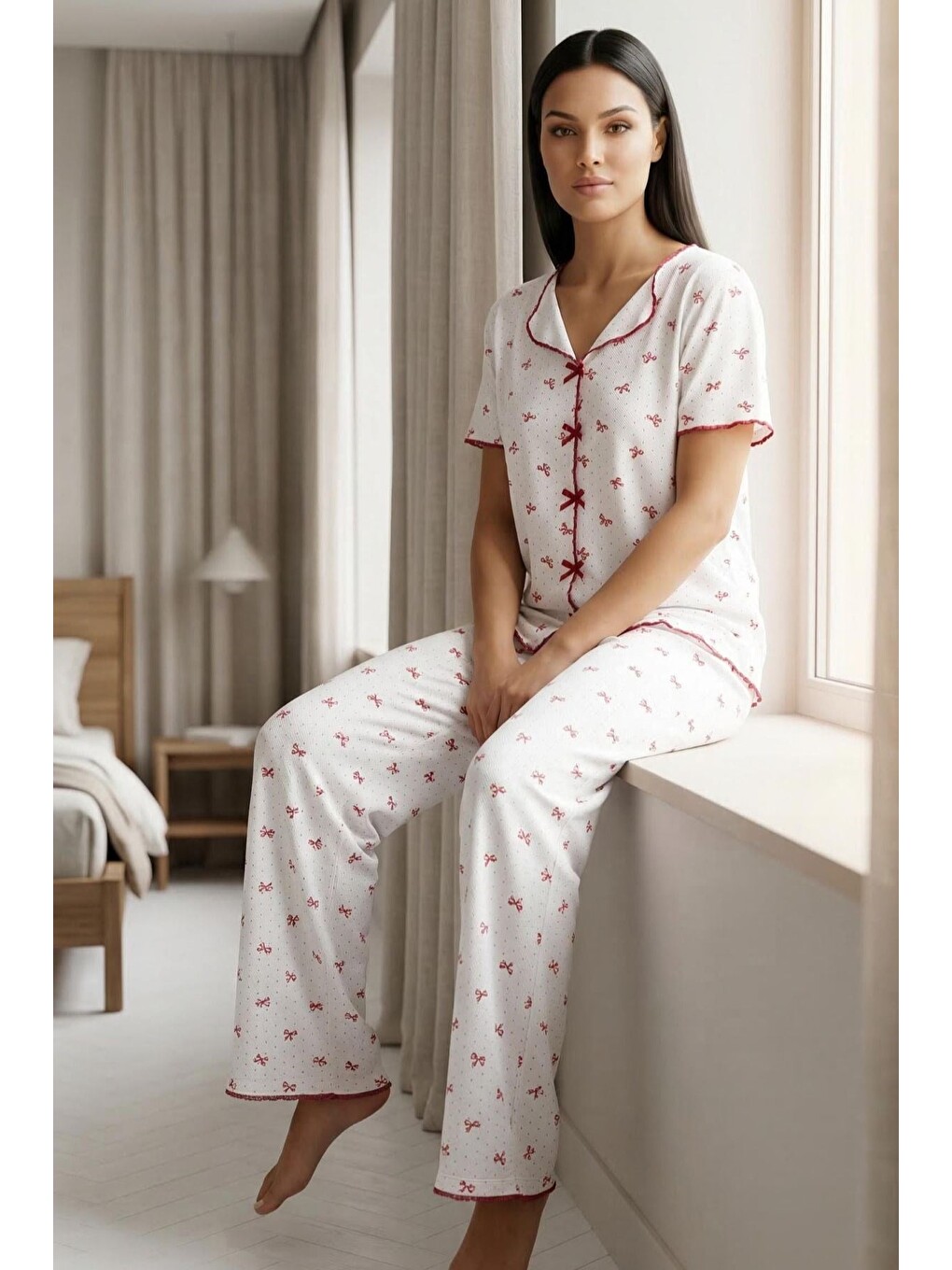 Renksiz Fiyonk Detay Yumuşak Kısa Kol Pijama Takım Fiyonk-3