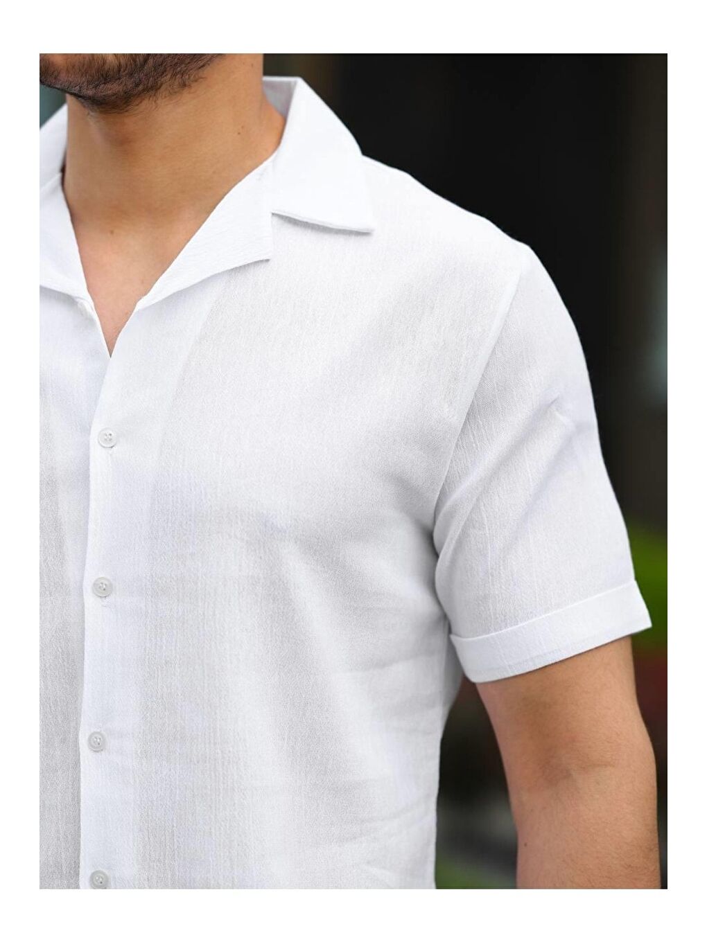 Beyaz Erkek Keten Kumaş Kısa Kollu Şal Yaka Gömlek-1