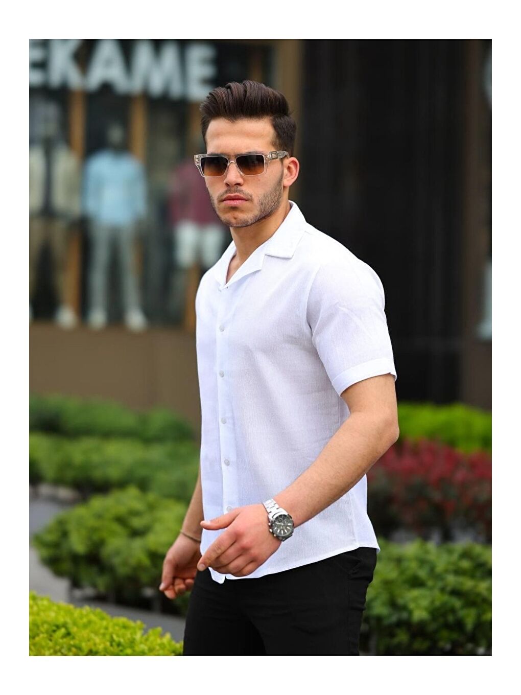 Beyaz Erkek Keten Kumaş Kısa Kollu Şal Yaka Gömlek-2
