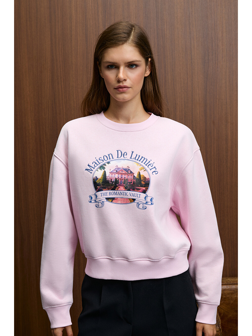 Talmera Kadın Önü Baskılı Yuvarlak Yaka Pembe Sweatshirt-1