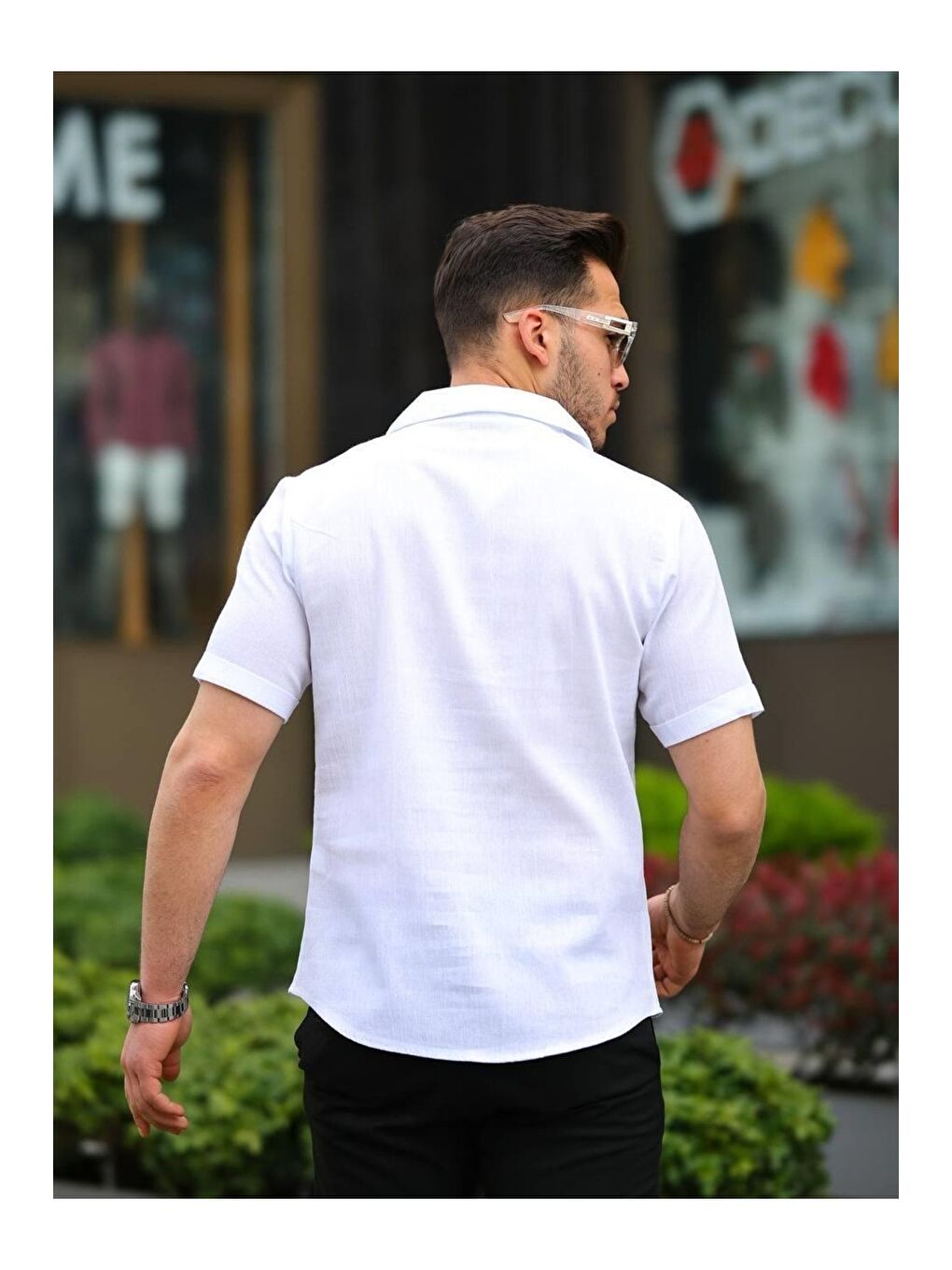 Beyaz Erkek Keten Kumaş Kısa Kollu Şal Yaka Gömlek-3