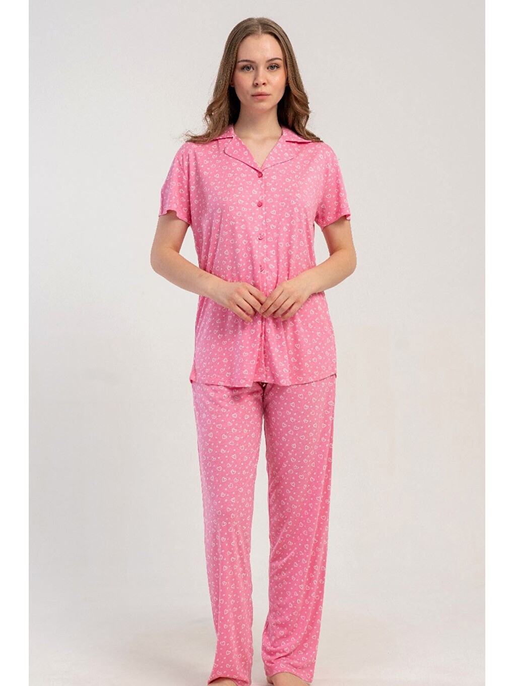 Gömlek Yaka Önden Düğmeli Pijama Takımı Pembe-512184-3