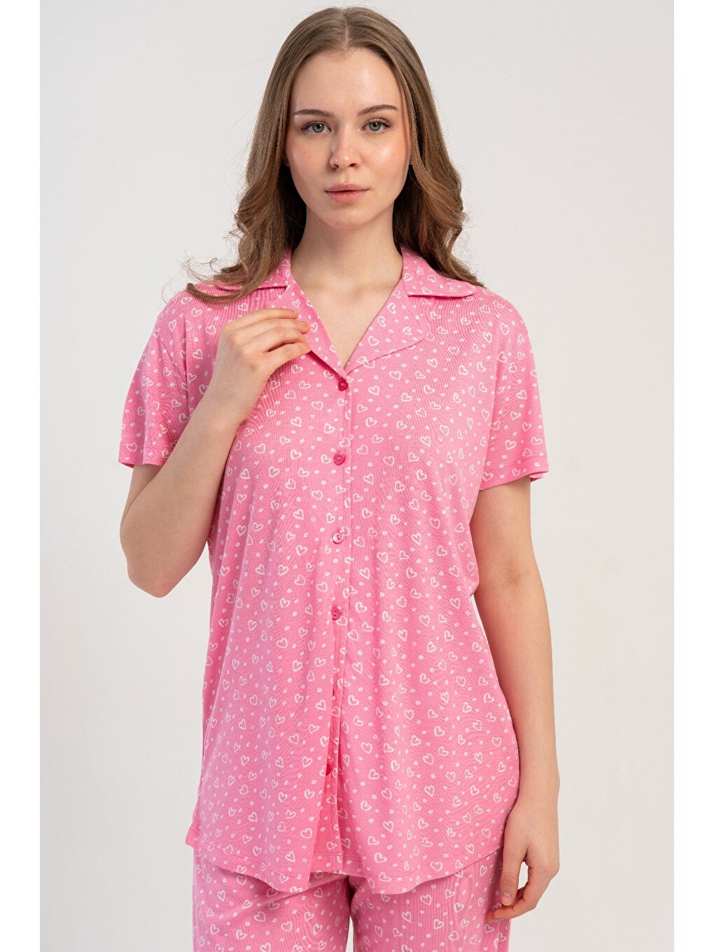 Gömlek Yaka Önden Düğmeli Pijama Takımı Pembe-512184-4