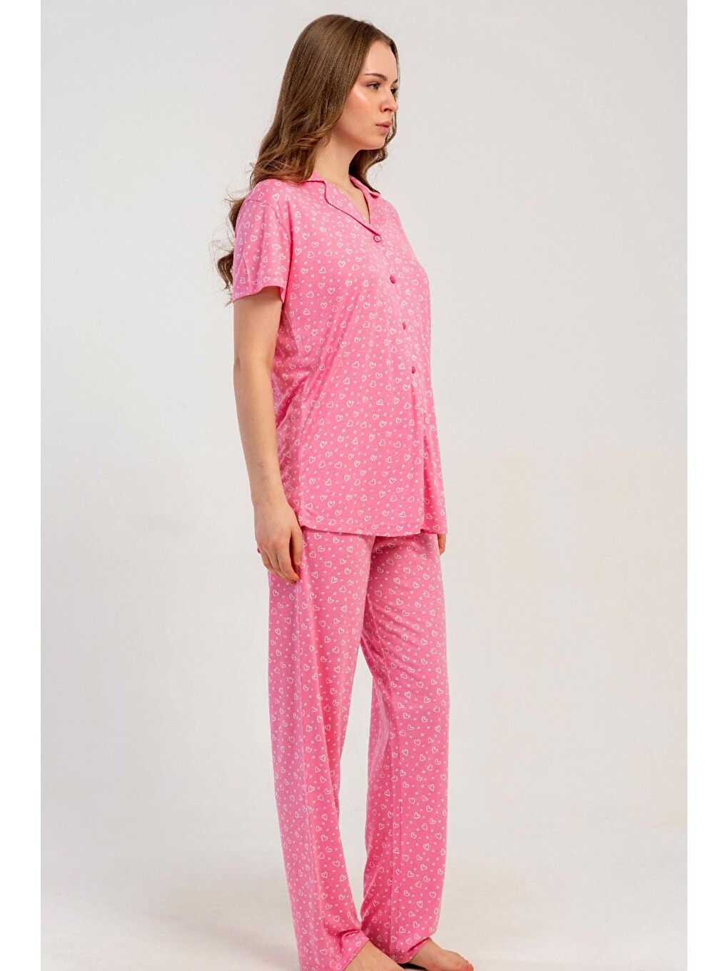 Gömlek Yaka Önden Düğmeli Pijama Takımı Pembe-512184-6
