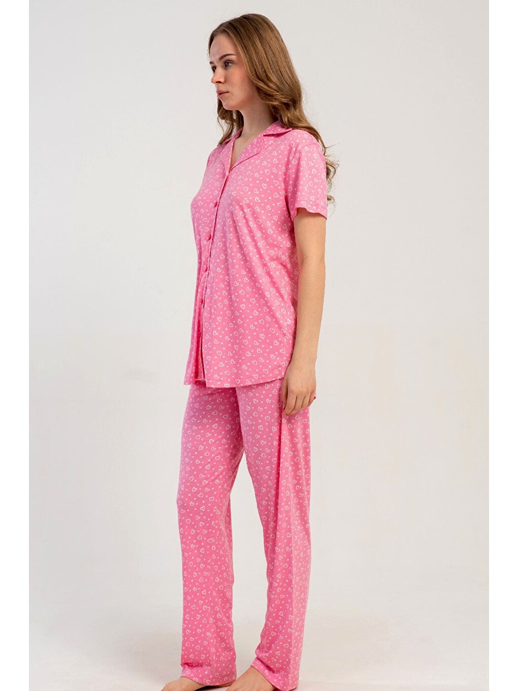 Gömlek Yaka Önden Düğmeli Pijama Takımı Pembe-512184-7