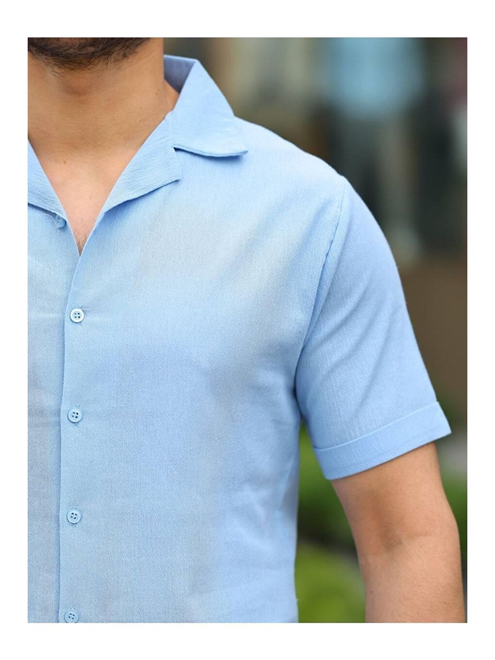 Mavi Erkek Keten Kumaş Kısa Kollu Şal Yaka Gömlek-1