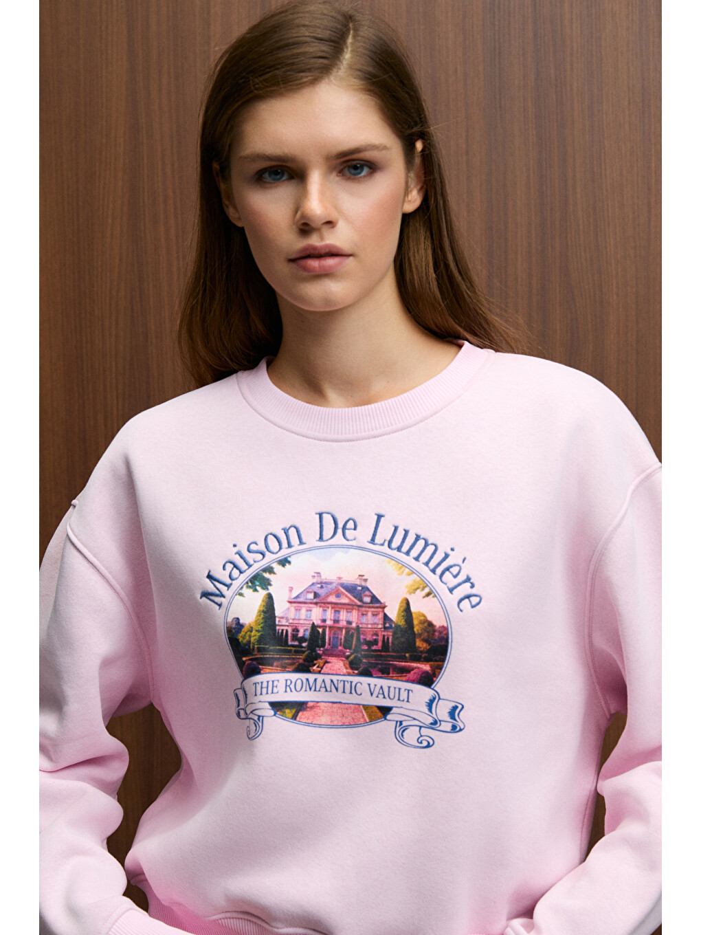 Talmera Kadın Önü Baskılı Yuvarlak Yaka Pembe Sweatshirt-2
