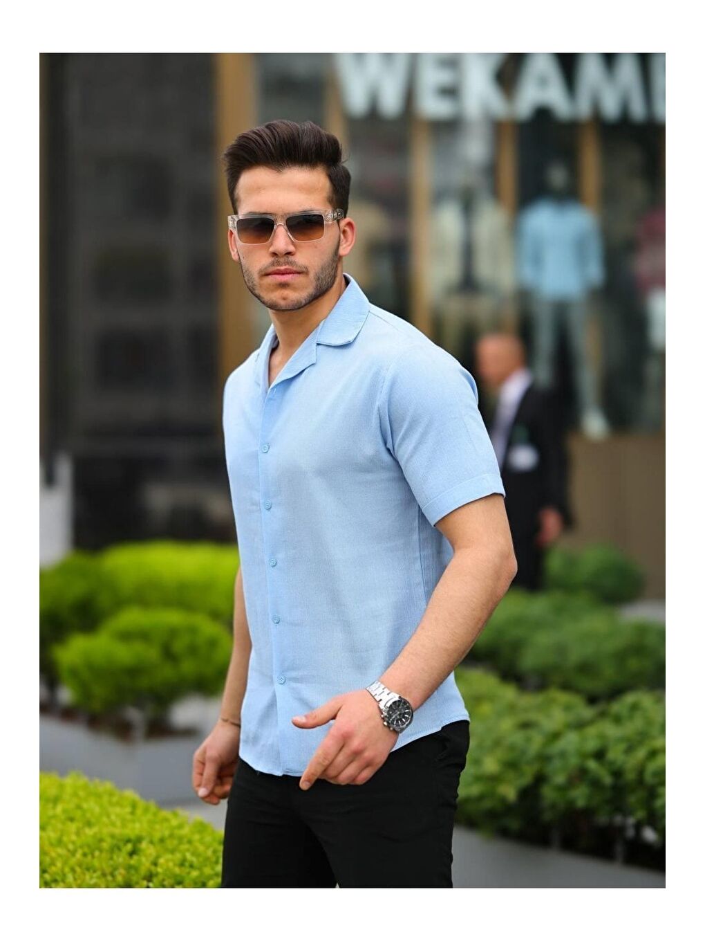 Mavi Erkek Keten Kumaş Kısa Kollu Şal Yaka Gömlek-2