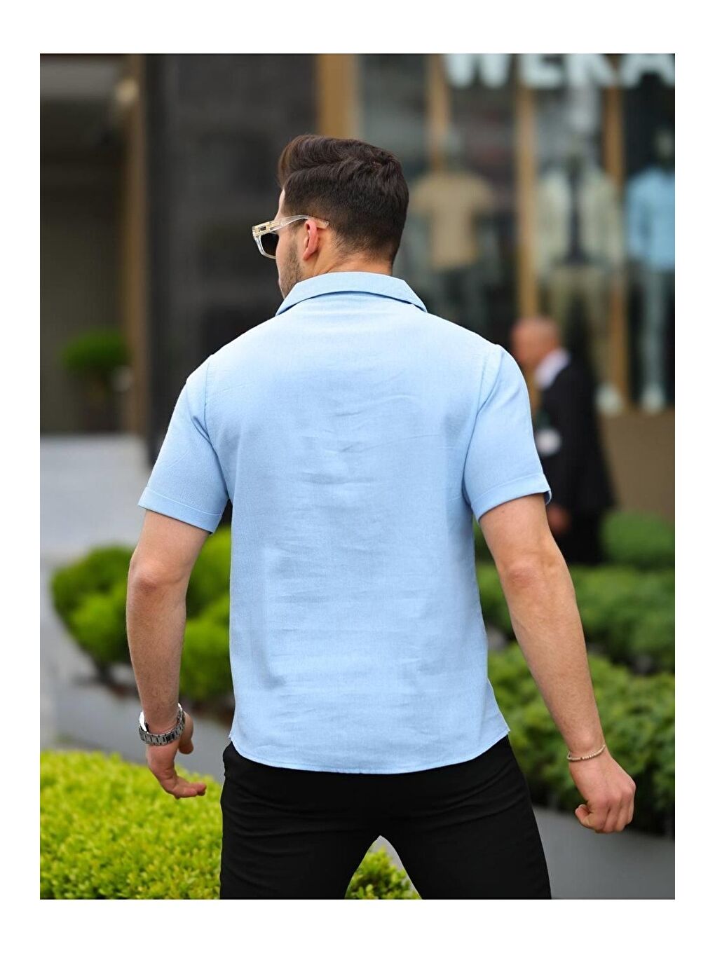 Mavi Erkek Keten Kumaş Kısa Kollu Şal Yaka Gömlek-3
