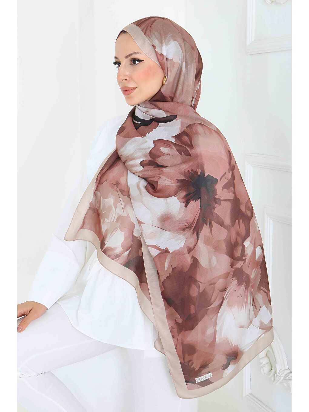 Bej Pastel Flora Serisi Pamuk Şal Vizon - 27857-VIZON