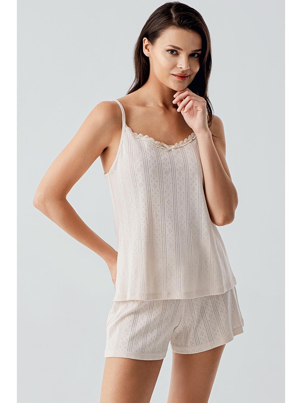 Bej Ajurlu Askılı Esnek Pamuklu Şort Pijama Takım 17208-1