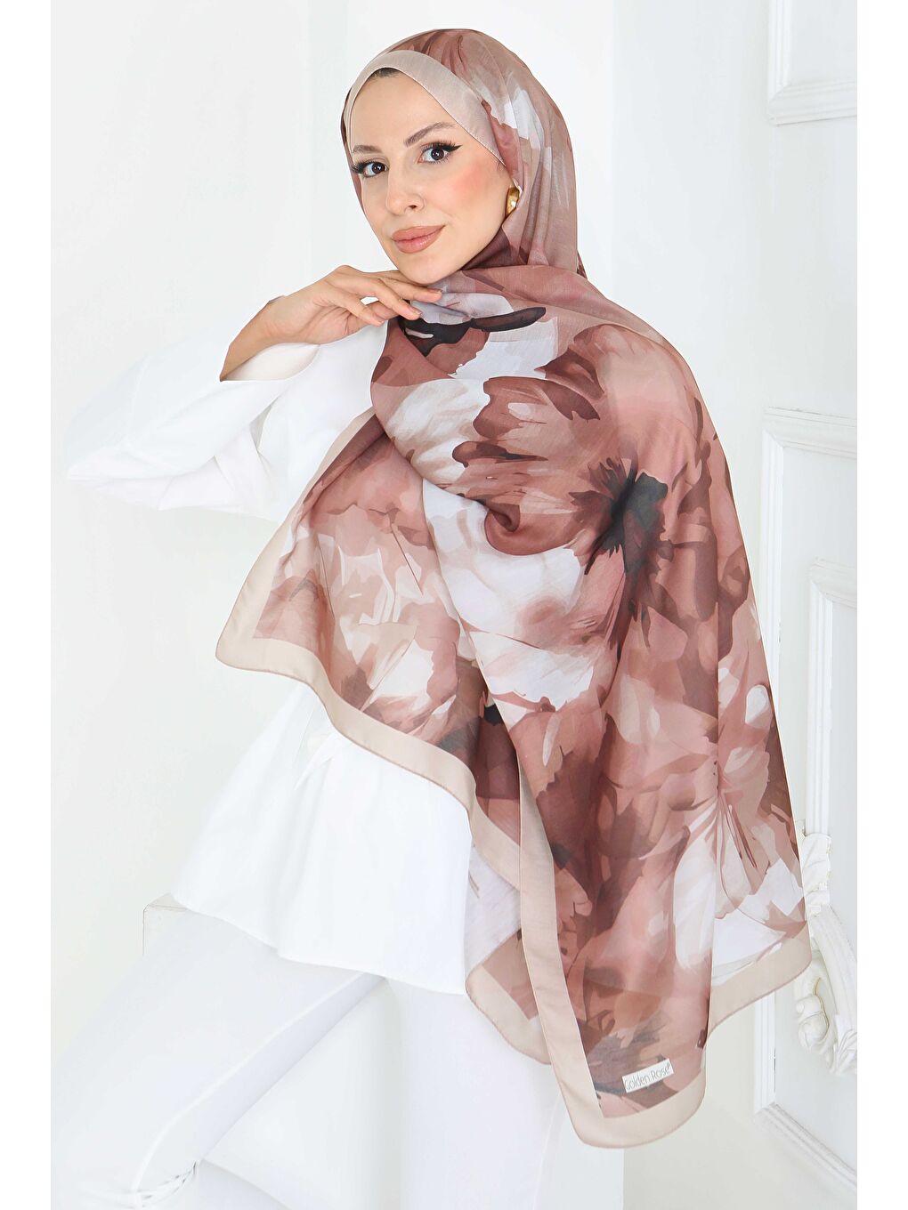 Bej Pastel Flora Serisi Pamuk Şal Vizon - 27857-VIZON-1