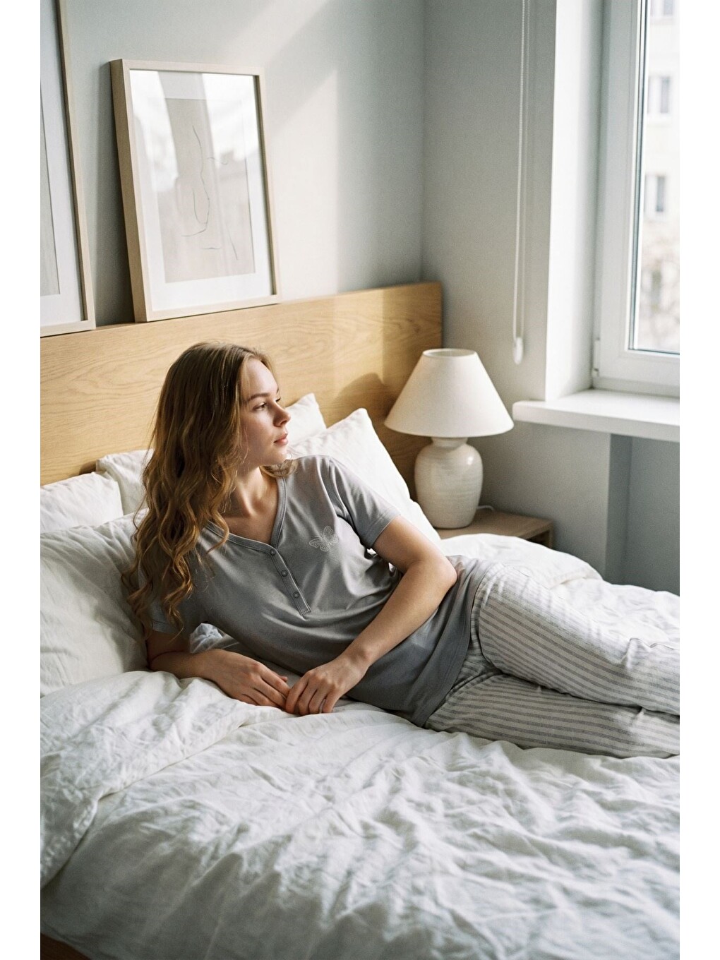 Damla Yaka Yarım Düğmeli Pijama Takımı Gri-512222-1