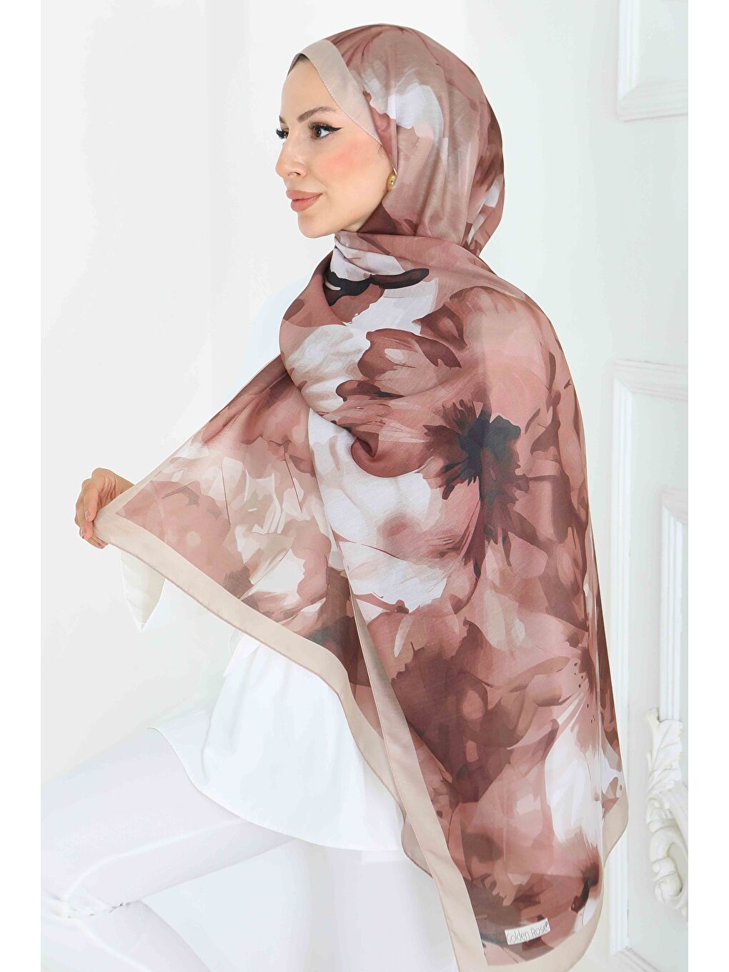 Bej Pastel Flora Serisi Pamuk Şal Vizon - 27857-VIZON-2