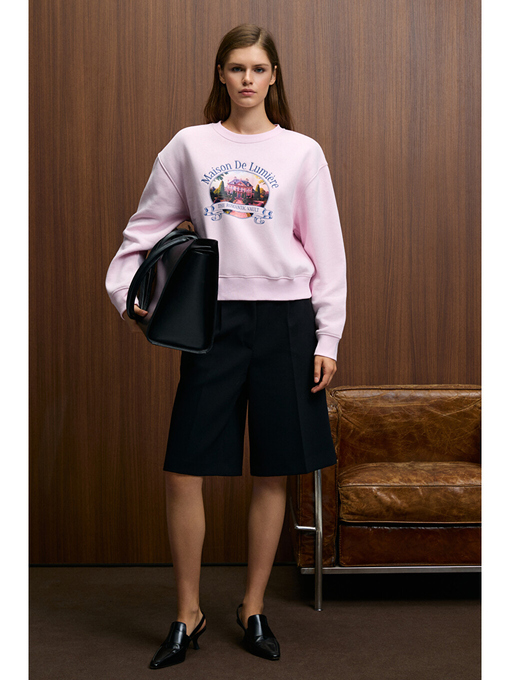 Talmera Kadın Önü Baskılı Yuvarlak Yaka Pembe Sweatshirt-3