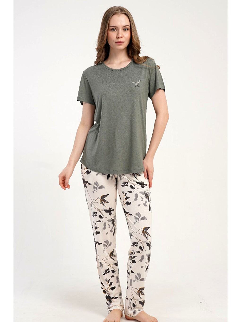 Bej Yuvarlak Yaka Kısa Kollu Pijama Takımı Gri-512225-3