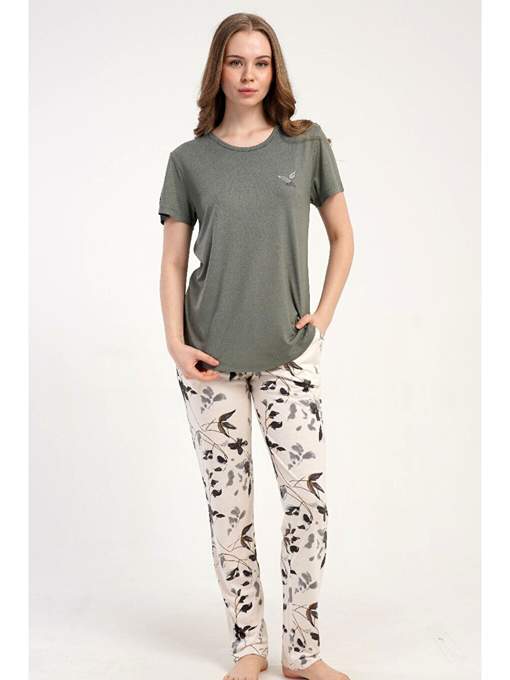 Bej Yuvarlak Yaka Kısa Kollu Pijama Takımı Gri-512225-4