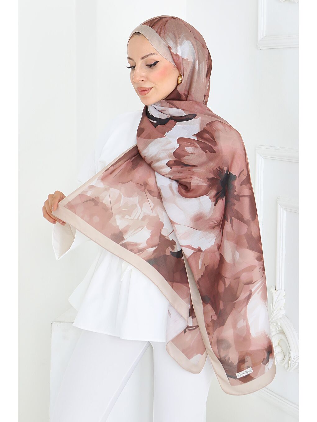 Bej Pastel Flora Serisi Pamuk Şal Vizon - 27857-VIZON-3