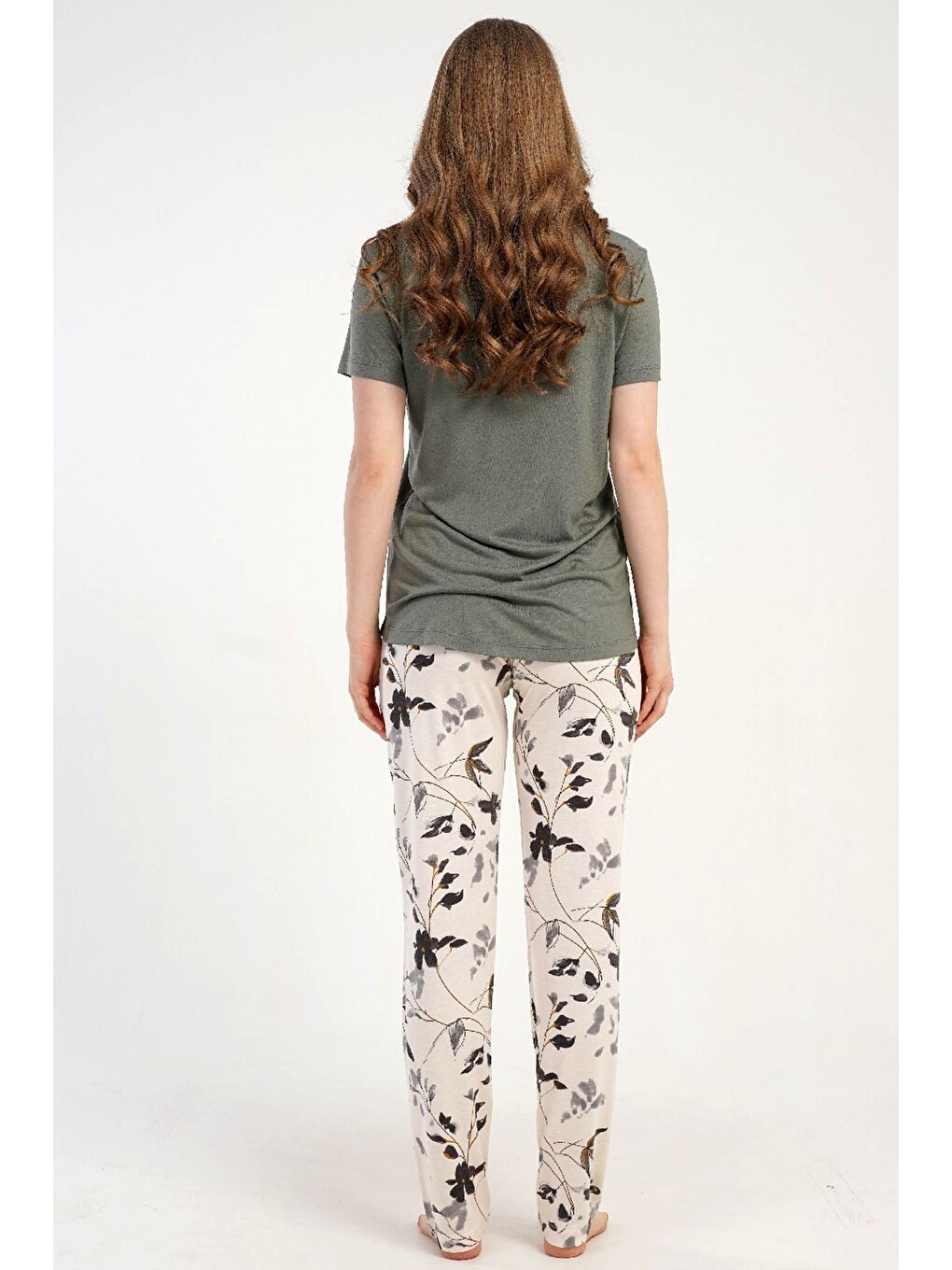 Bej Yuvarlak Yaka Kısa Kollu Pijama Takımı Gri-512225-5