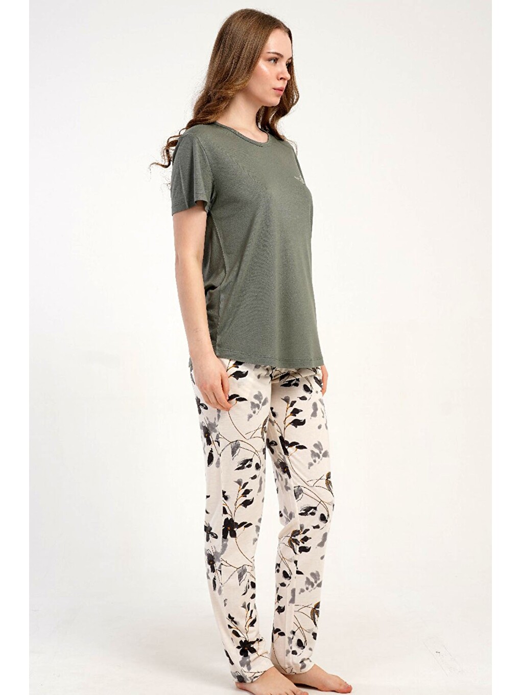 Bej Yuvarlak Yaka Kısa Kollu Pijama Takımı Gri-512225-6