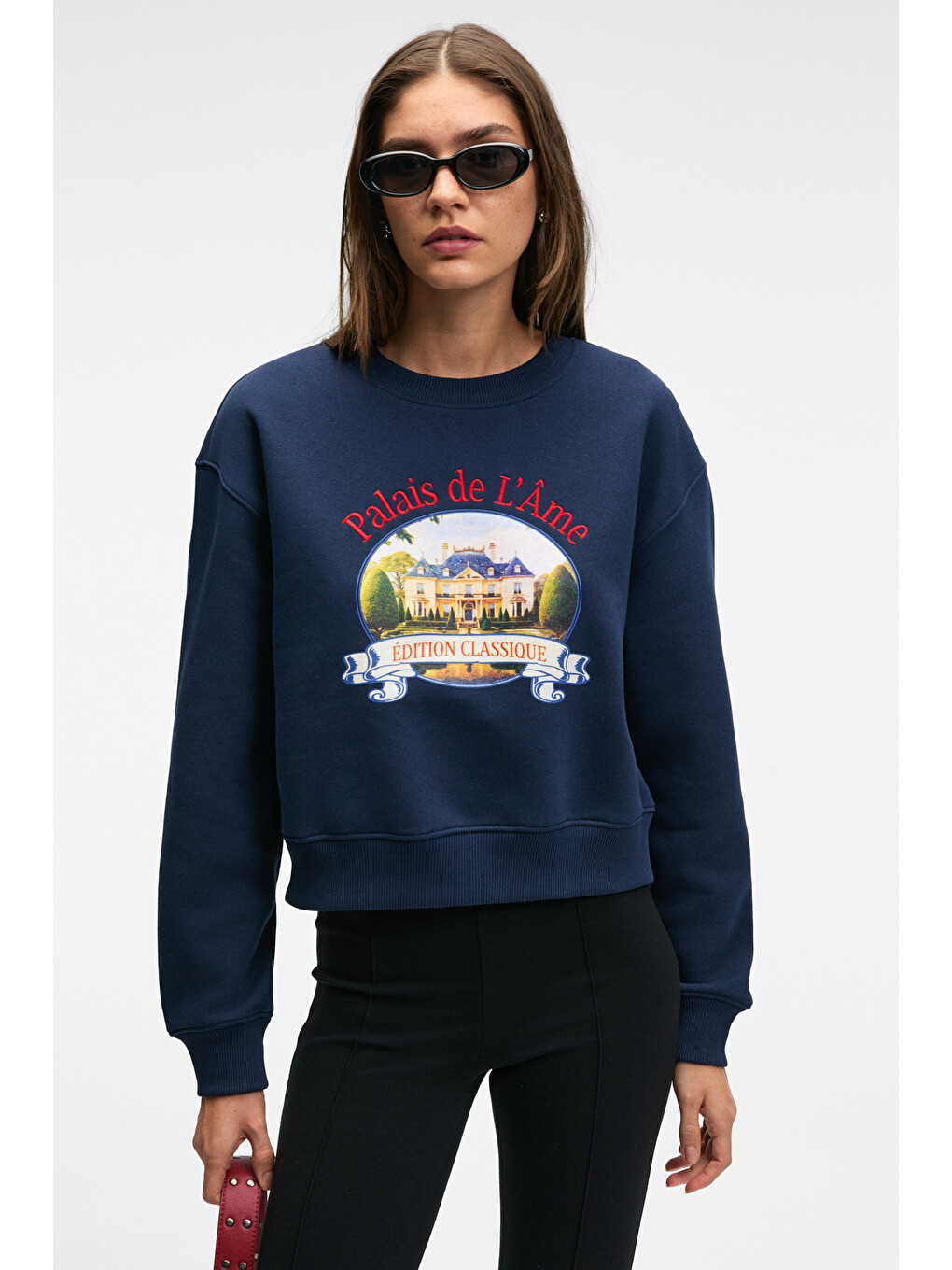 Talmera Kadın Önü Baskılı Yuvarlak Yaka Lacivert Sweatshirt-1