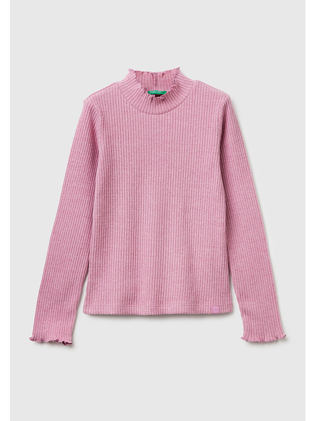 Kız Çocuk Pembe Logo Etiketli Fırfır Detaylı Bebe Yaka Uzun Kollu T-Shirt