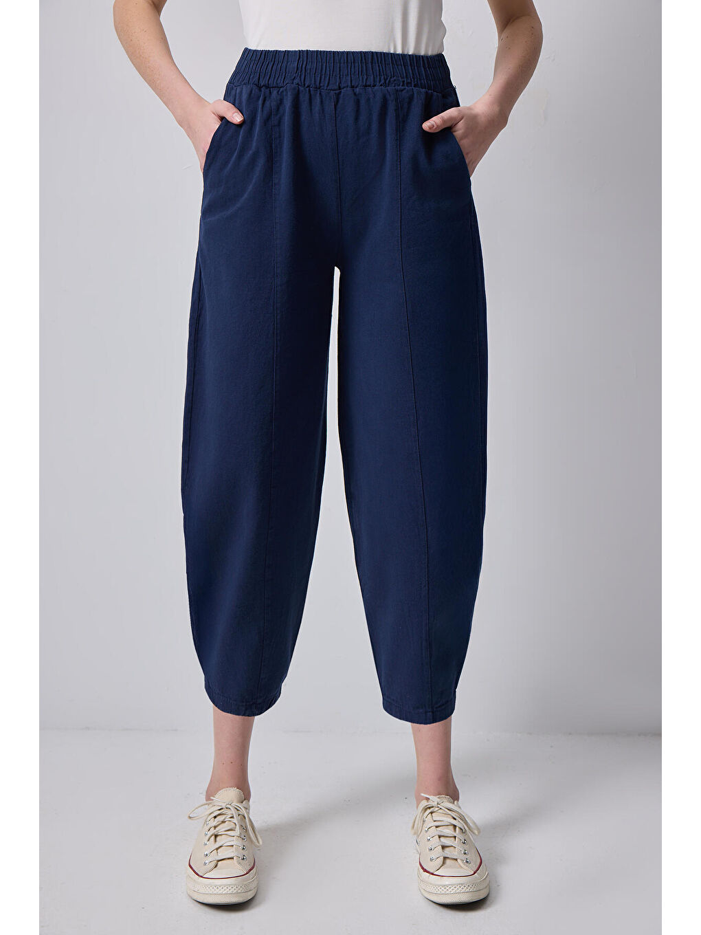 Lacivert Beli Lastikli Havuç Pantolon-1