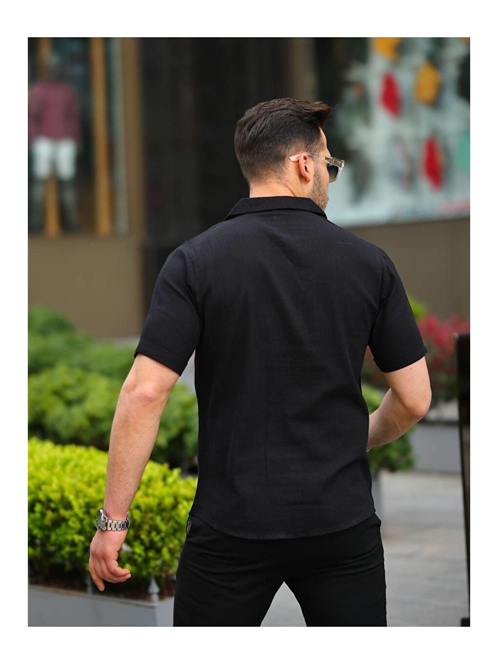 Siyah Erkek Keten Kumaş Kısa Kollu Şal Yaka Gömlek-3