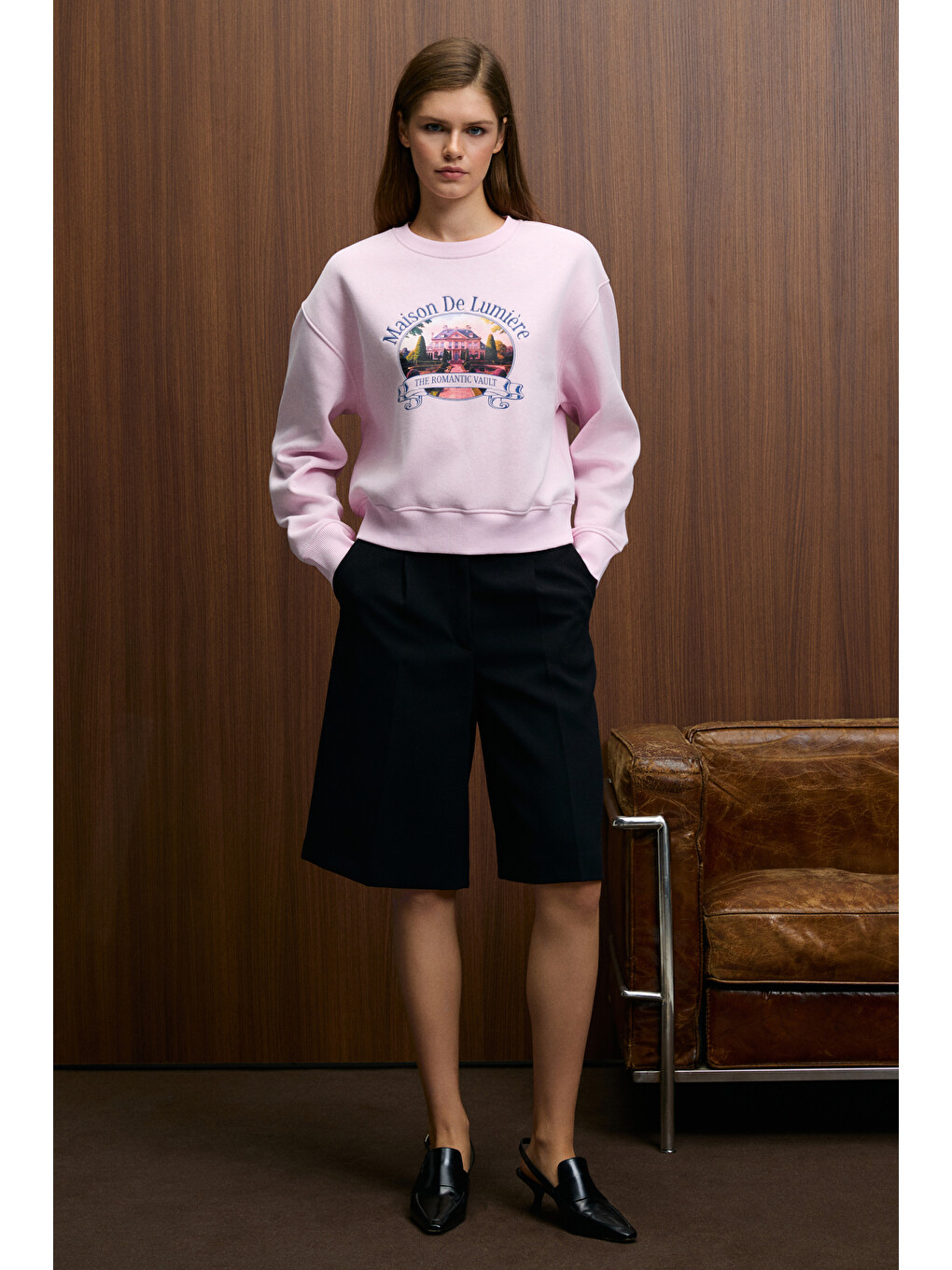 Talmera Kadın Önü Baskılı Yuvarlak Yaka Pembe Sweatshirt-4