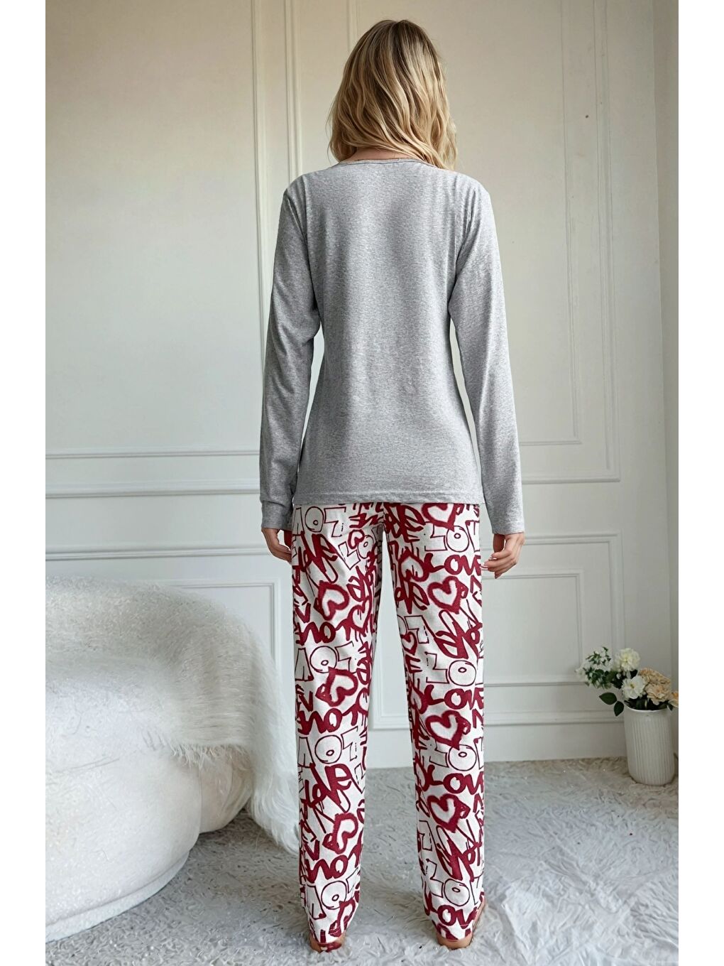 Gri Follow Your Heart Baskılı Uzun Kollu Üst & Desenli Pijama Takımı-2