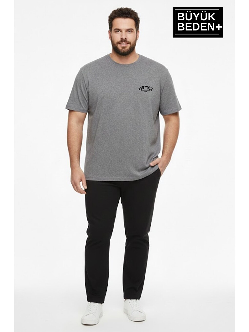 Gri Erkek Büyük Beden New York Baskılı 3xl-6xl Bisiklet Yaka Tshırt Spr26bts510-05