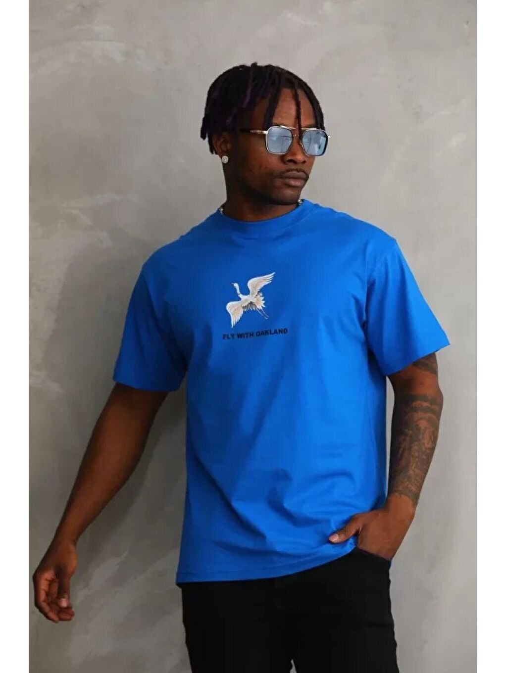 Unisex Baskılı Oversize T-Shirt - Mavi-2