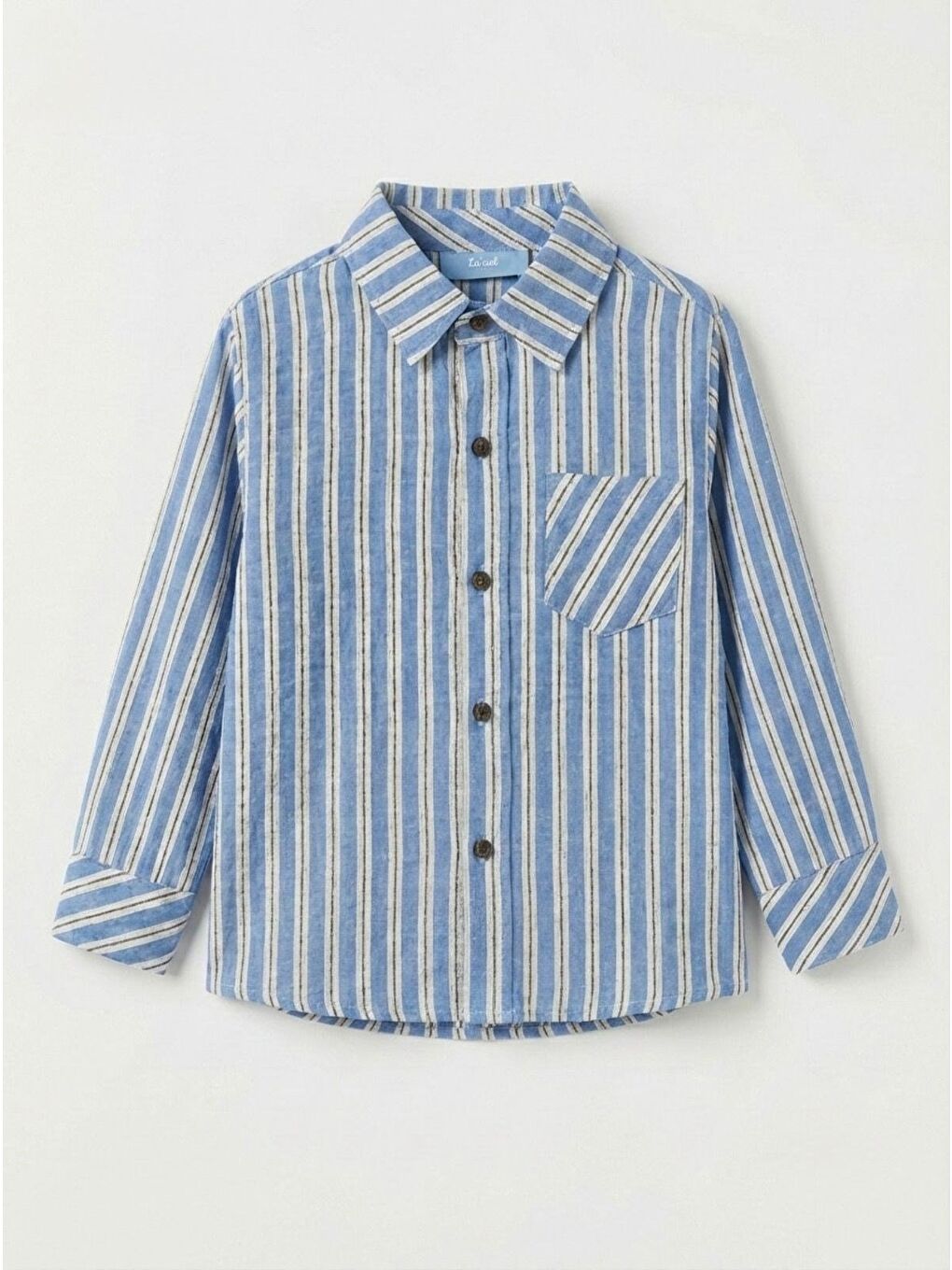 Erkek Çocuk Pamuklu Mavi Çizgili Gömlek - Uzun Kollu, Cepli, Düğmeli Model